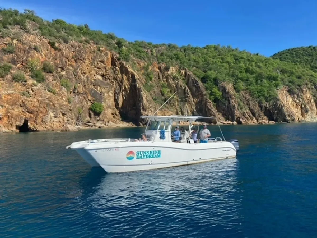 Sunshine Daydream Charters guests on a sandbar in the turquoise waters of the US Virgin Islands