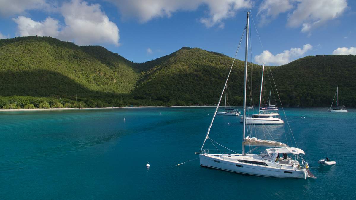 Boats anchored in the British Virgin Islands turquoise waters